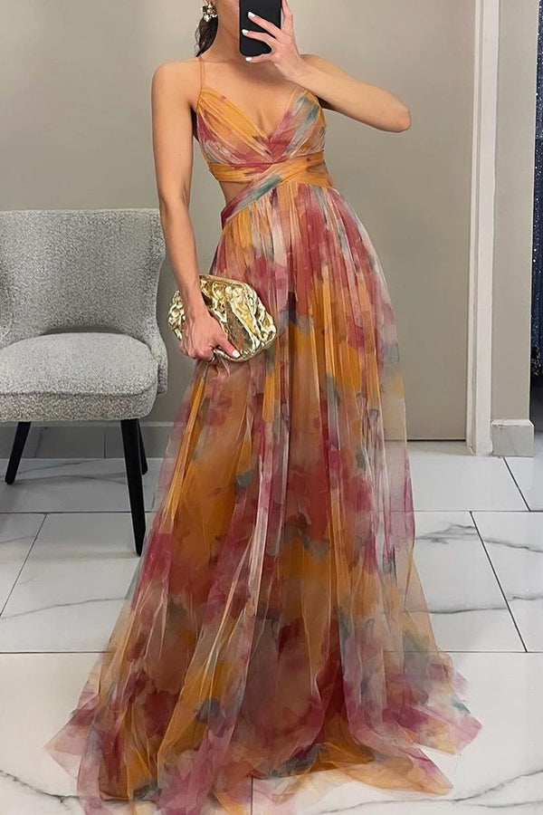 Elegante Vestido Maxi Floral Acuarela para Mujeres con Escote en V Sin Mangas y Cintura Envueltada, Estilo Formal para Invitadas de Boda