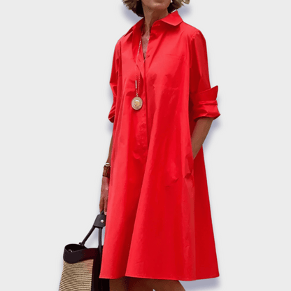 Vestido Camisa de Algodón Sin Esfuerzo para Mujeres con Cuello y Manga Larga Estilo A Line Midi