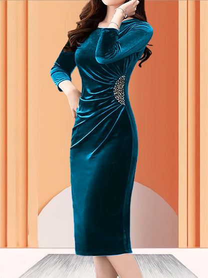 Vestido Midi de Terciopelo Elegante para Mujeres con Cuello Redondo, Manga de Codo, Cuerpo Ajustado con Detalles Fruncidos y Apliques de Perlas para Cócteles