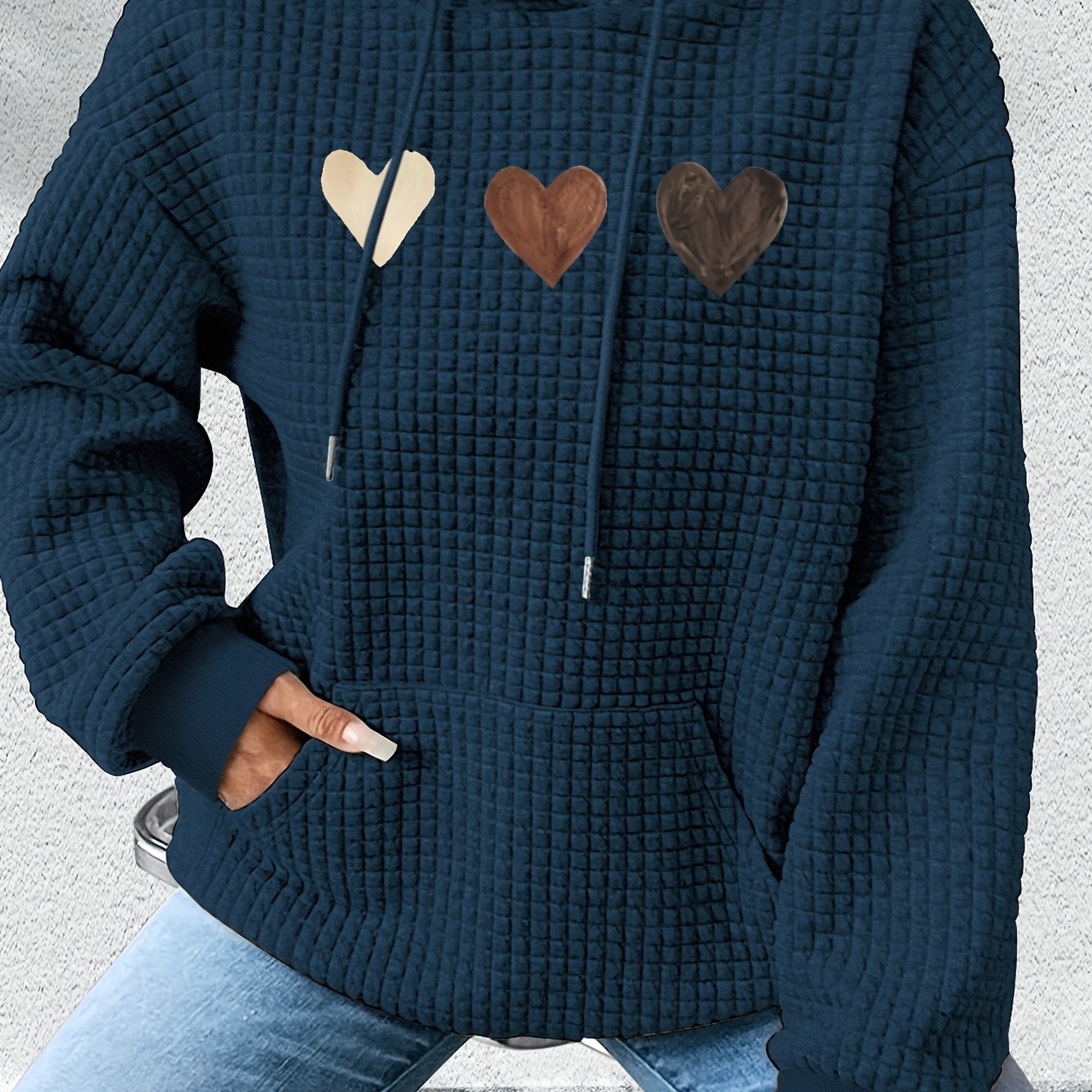 Sudadera de punto waffle con estampado de corazones cómoda para mujeres, con capucha, mangas largas y bolsillo canguro, estilo oversized