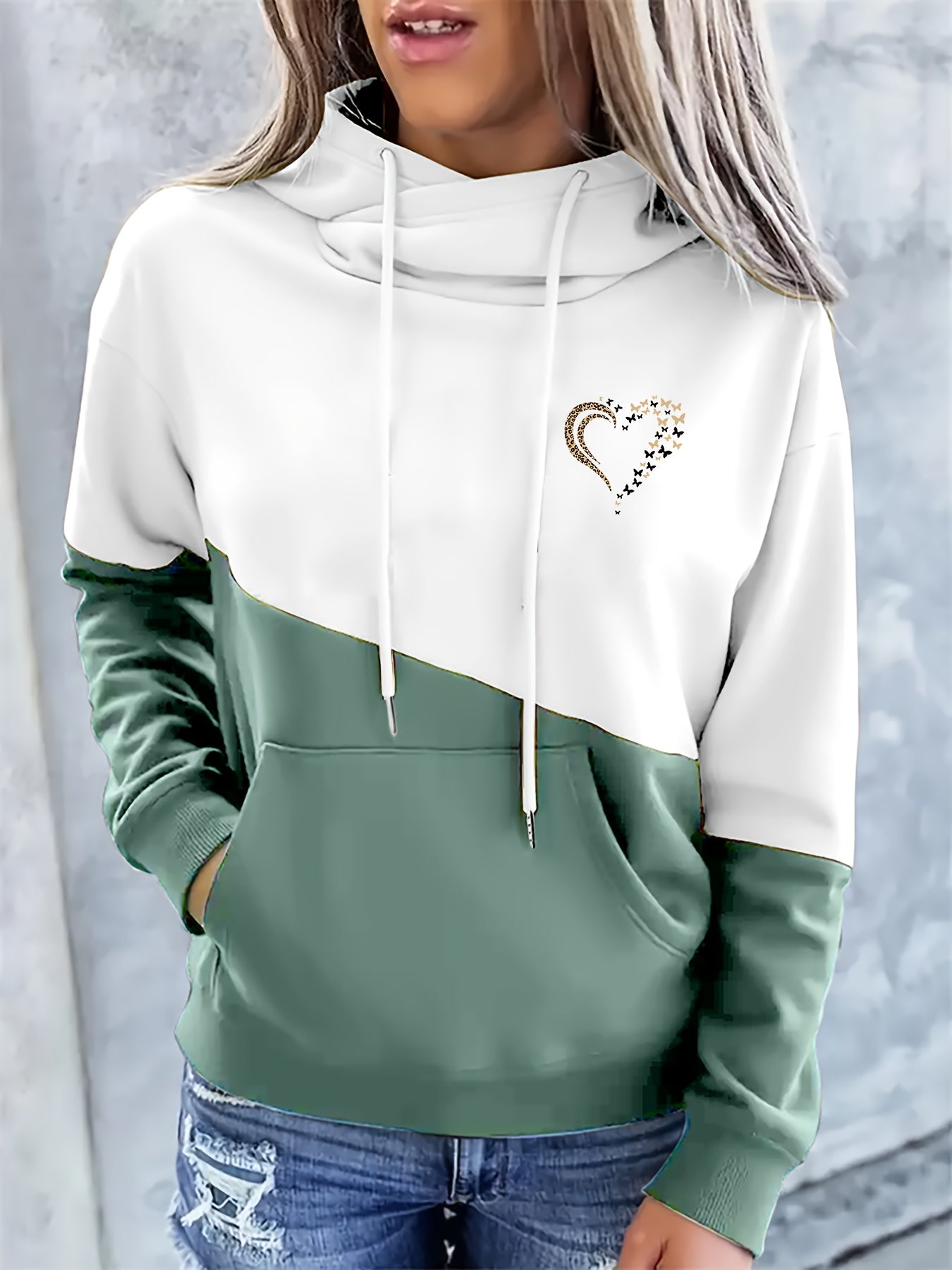 Sudadera gráfica de color bloque cómoda para mujeres con cuello de cowl, manga larga, bolsillo canguro y estilo relajado