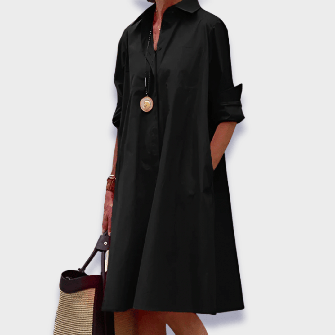 Vestido Camisa de Algodón Sin Esfuerzo para Mujeres con Cuello y Manga Larga Estilo A Line Midi