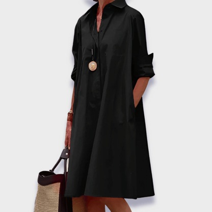 Vestido Camisa de Algodón Sin Esfuerzo para Mujeres con Cuello y Manga Larga Estilo A Line Midi