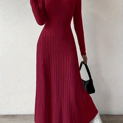 Elegante Vestido Largo de Punto Acanalado para Mujeres con Escote en V y Manga Larga Ajustado y Fluido