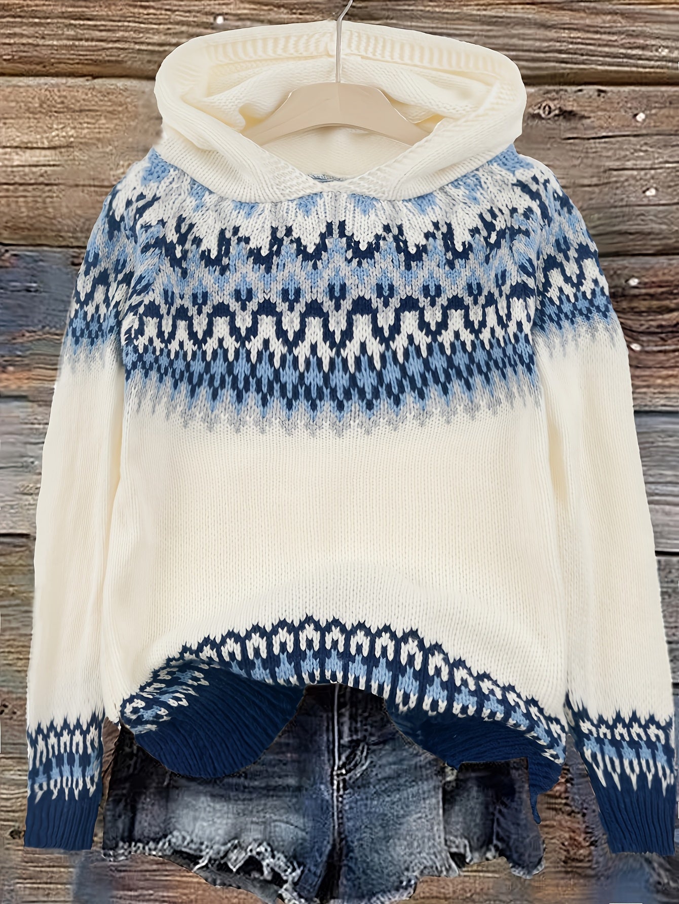 Suéter Cómodo Fair Isle para Mujeres con Capucha y Manga Larga Relajada de Estilo Oversized