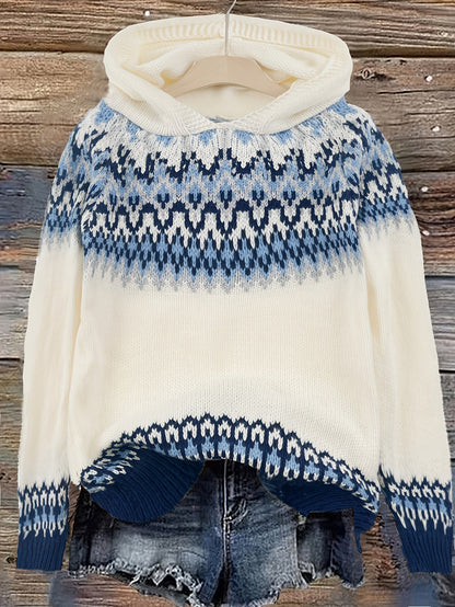 Suéter Cómodo Fair Isle para Mujeres con Capucha y Manga Larga Relajada de Estilo Oversized