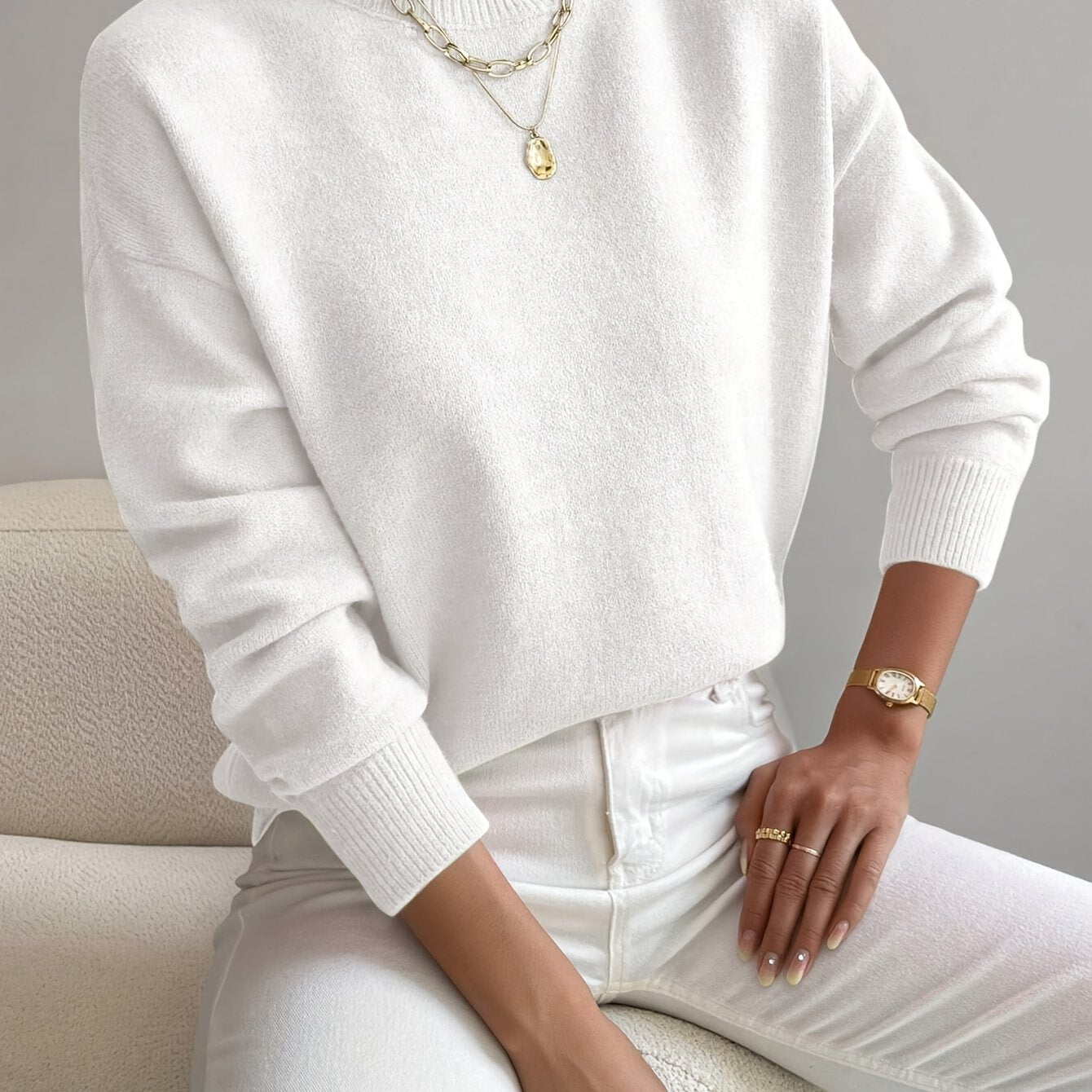 Suéter de punto cómodo para mujeres con cuello alto, mangas largas y estilo relajado y oversized
