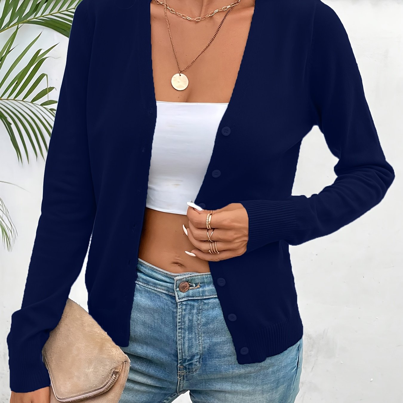 Suéter Cárdigan de Punto Sin Esfuerzo para Mujeres con Cuello en V, Manga Larga, Frente con Botones y Estilo Relajado