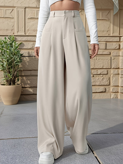 Pantalones Anchos Elegantes de Caqui para Mujeres con Cintura Alta y Pliegues, Estilo Relajado
