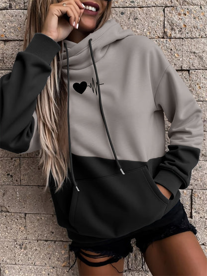 Sudadera cómoda con diseño colorblock y estampado de latidos para mujeres con capucha ajustable, manga larga y estilo de bolsillo canguro.