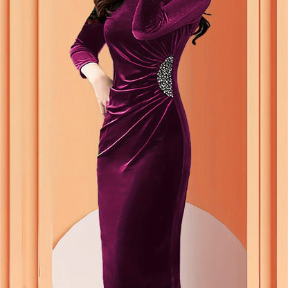Vestido Midi de Terciopelo Elegante para Mujeres con Cuello Redondo, Manga de Codo, Cuerpo Ajustado con Detalles Fruncidos y Apliques de Perlas para Cócteles