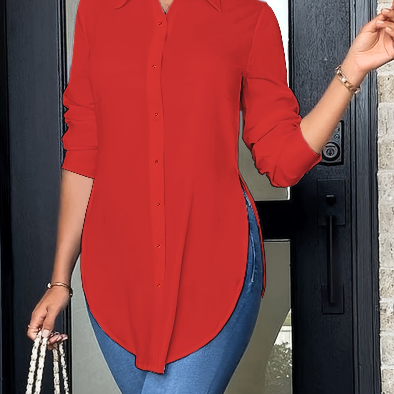 Blusa Tunic Sin Esfuerzo para Mujeres con Cuello, Manga Larga, Botones en la Parte Frontal, Estilo Relajado Alto-Bajo