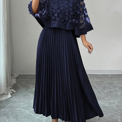 Elegante Vestido Largo Plisado Floral para Mujeres con Cuello Redondo y Manga Capa con Apliques, Estilo Formal para Invitadas de Boda