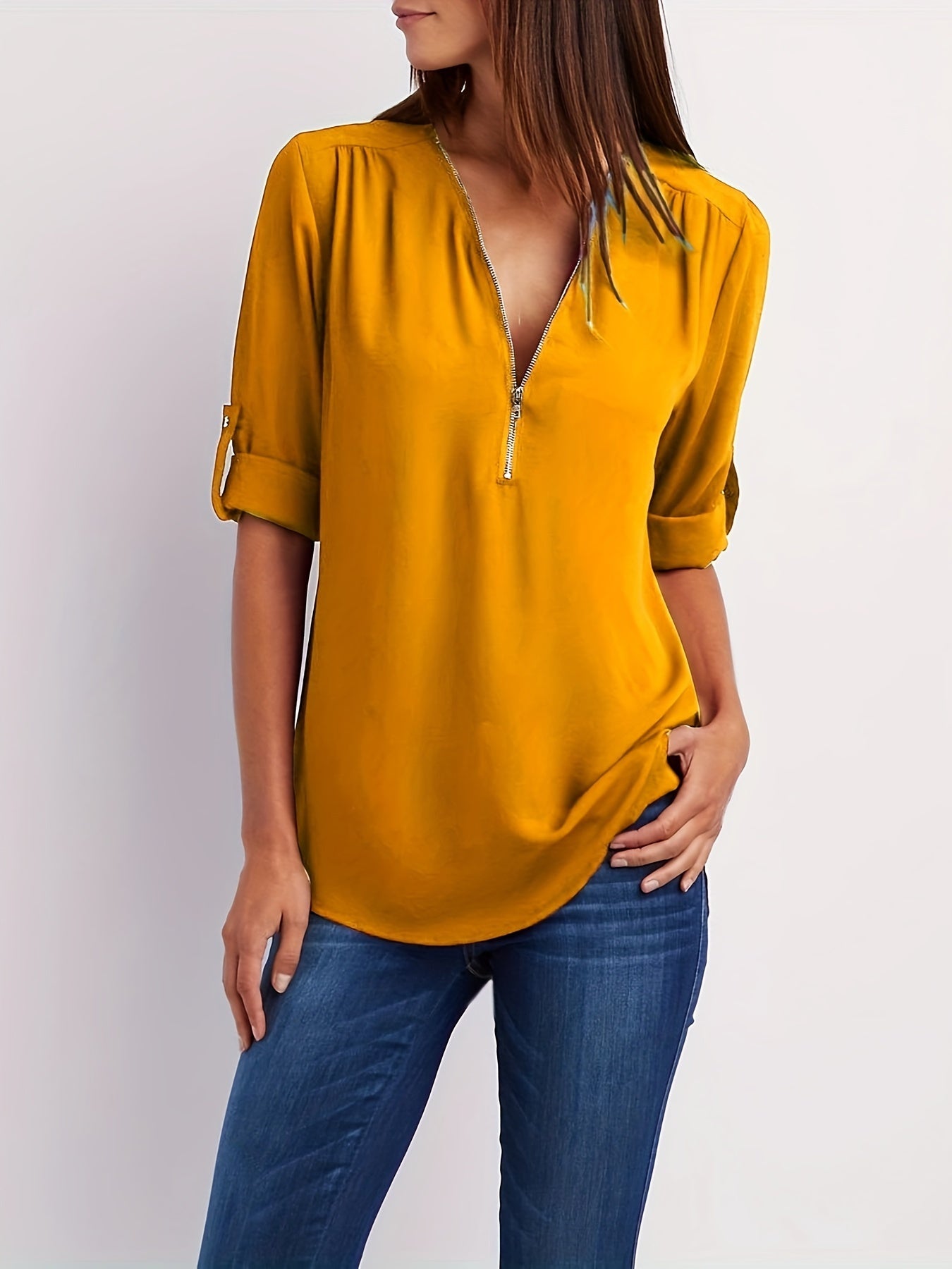 Blusa Frontal con Cremallera Sin Esfuerzo para Mujeres con Cuello en V y Manga con Tabulador, Estilo Túnica Relajada