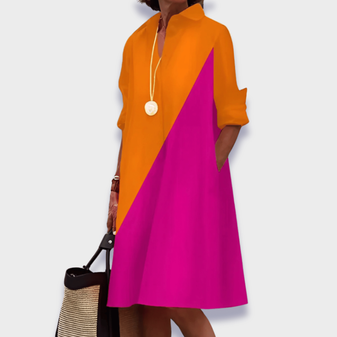 Vestido Camisa de Algodón Sin Esfuerzo para Mujeres con Cuello y Manga Larga Estilo A Line Midi