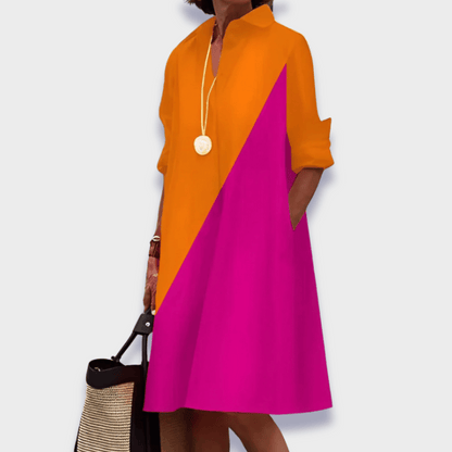 Vestido Camisa de Algodón Sin Esfuerzo para Mujeres con Cuello y Manga Larga Estilo A Line Midi