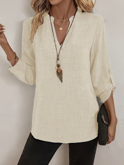 Diseño de Moda Primavera y Verano Top de Manga Media con Escote en V para Mujeres, Camisa de Estilo Europeo y Americano con Manga Larga y Manga Remangada, Top Casual para Desplazamientos con Bolsillo, Camisa de Largo Medio