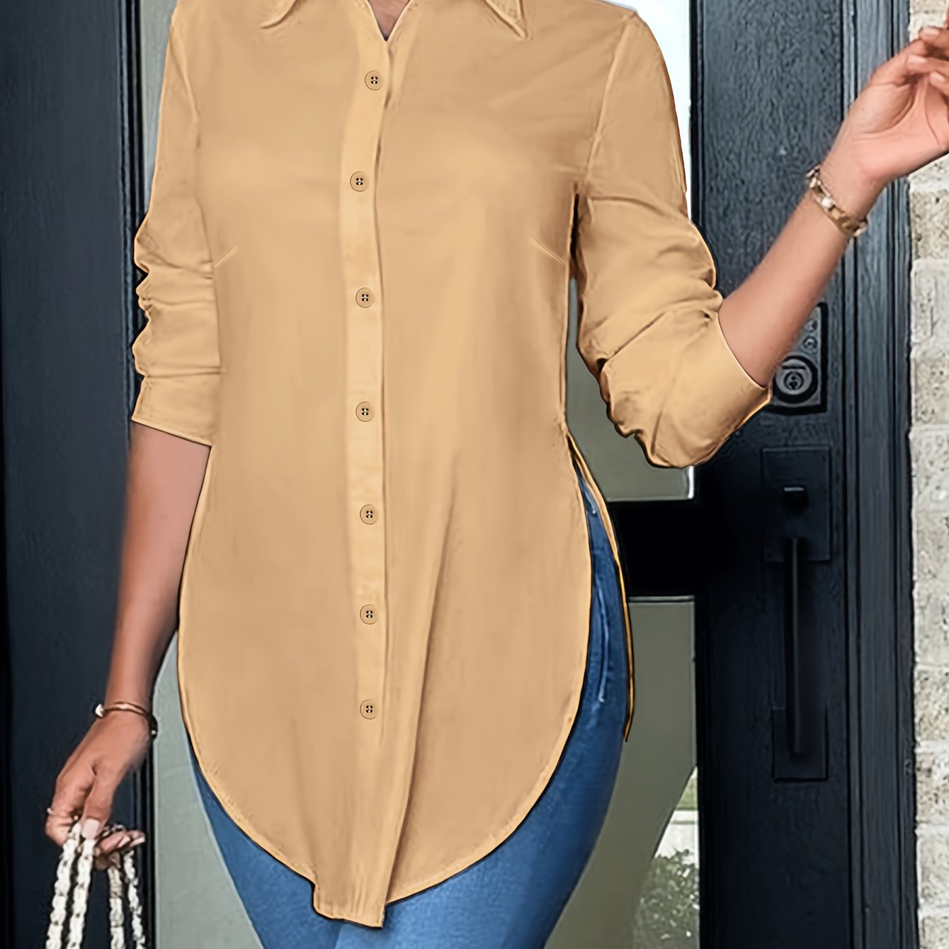 Blusa Tunic Sin Esfuerzo para Mujeres con Cuello, Manga Larga, Botones en la Parte Frontal, Estilo Relajado Alto-Bajo