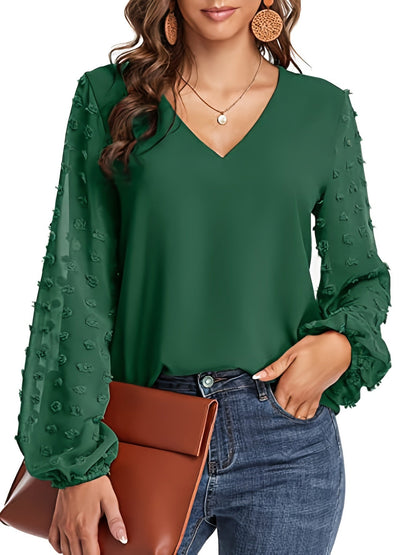 Blusa de Puntos Suizos sin Esfuerzo para Mujeres con Cuello en V y Manga Obispo de Chifón Texturizado Estilo Casual