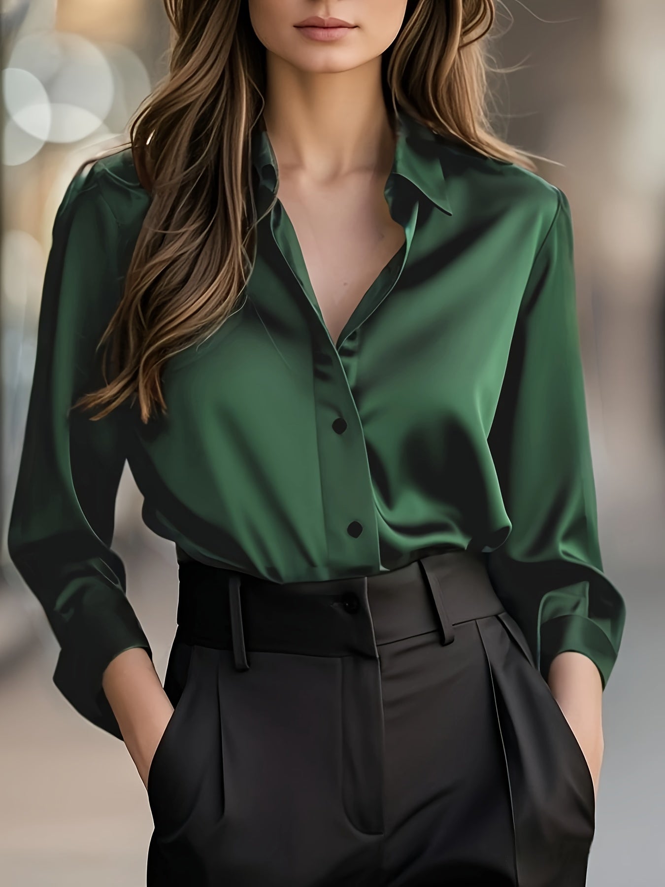 Blusa de Satén Elegante para Mujeres con Cuello, Manga Larga y Botones, Estilo Relajado y Sedoso