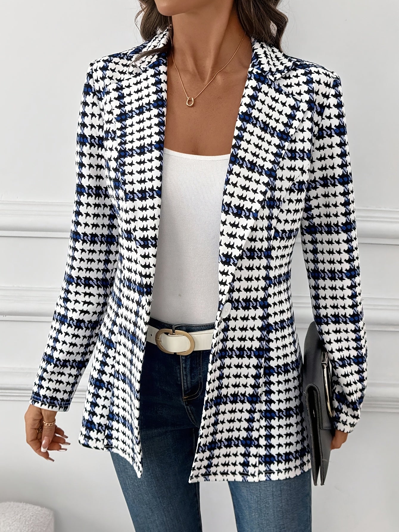 Blazer de Cuadros Elegante para Mujeres, Blazer de Manga Larga Versátil para el Día a Día, Blazer Clásico de Cuadros para Viajar, Blazer de Otoño para Mujeres, Blazer de Cuadros, Blazer de Pied de Poule