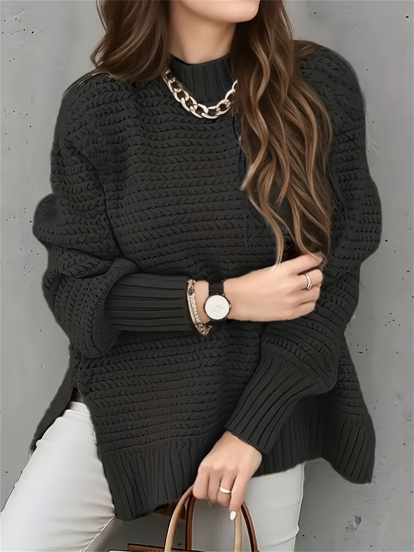 Suéter de Punto Texturizado Cómodo para Mujeres con Cuello Alto y Manga Larga en Estilo Relajado y Oversized