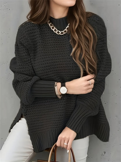 Suéter de Punto Texturizado Cómodo para Mujeres con Cuello Alto y Manga Larga en Estilo Relajado y Oversized
