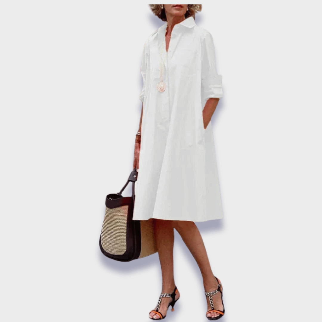 Vestido Camisa de Algodón Sin Esfuerzo para Mujeres con Cuello y Manga Larga Estilo A Line Midi