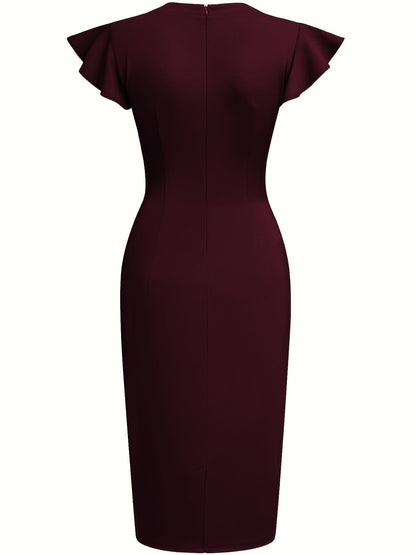 Vestido Ajustado Elegante para Mujeres con Cuello Redondo y Mangas de Volante, Estilo Bodycon para Cócteles