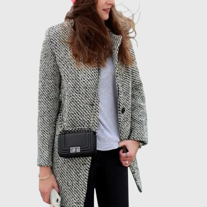 Abrigo de Tweed en Cuadros Grises Elegante para Mujeres con Solapa Escotada de Manga Larga y Estilo Relajado
