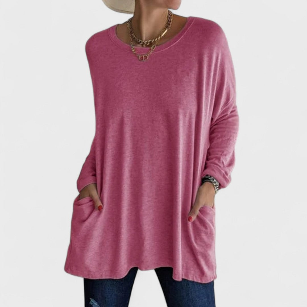 Túnica Oversized Sin Esfuerzo para Mujeres con Cuello Redondo, Manga Larga, Bolsillos Laterales y Estilo Relajado