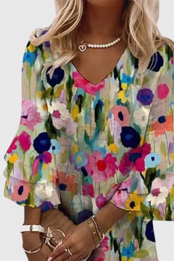 Vestido Mini Floral Multicolor sin Esfuerzo para Mujeres con Escote en V, Mangas de Volantes y Estilo Bohemio