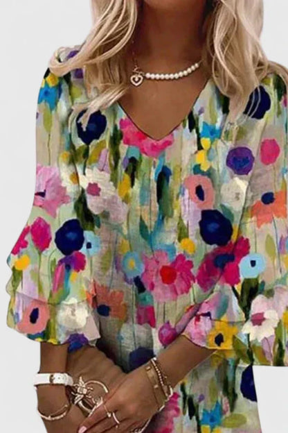 Vestido Mini Floral Multicolor sin Esfuerzo para Mujeres con Escote en V, Mangas de Volantes y Estilo Bohemio