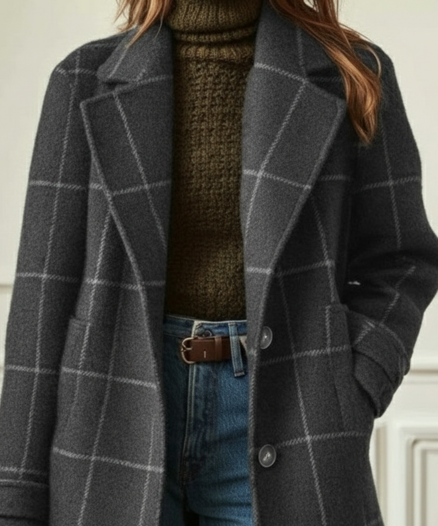Abrigo de lana elegante con cuadros ventana para mujeres, con solapa muesca, manga larga, frente abotonado y estilo largo