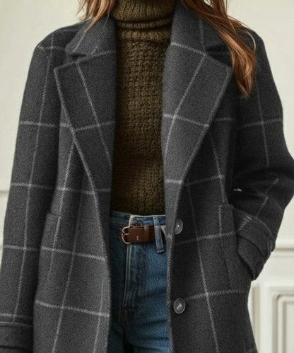 Abrigo de lana elegante con cuadros ventana para mujeres, con solapa muesca, manga larga, frente abotonado y estilo largo