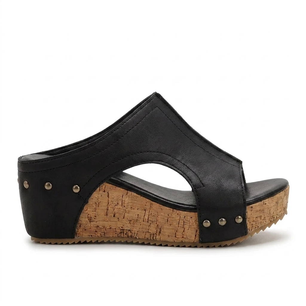 Sandalias Wedge Cómodas para Mujeres con T Strap de Tachuelas y Plataforma de Corcho con Punta Abierta
