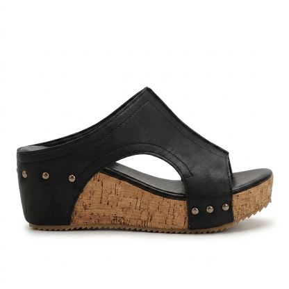Sandalias Wedge Cómodas para Mujeres con T Strap de Tachuelas y Plataforma de Corcho con Punta Abierta