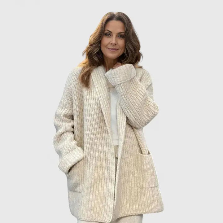 Suéter Cardigan Chunky Cómodo para Mujeres con Cuello Chal, Manga Larga, Bolsillo de Parche y Estilo Oversized