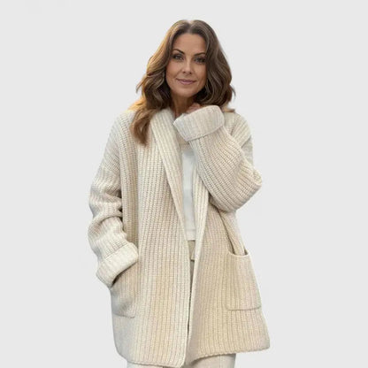 Suéter Cardigan Chunky Cómodo para Mujeres con Cuello Chal, Manga Larga, Bolsillo de Parche y Estilo Oversized