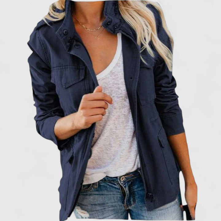 Chaqueta de Utilidad de Algodón sin Esfuerzo para Mujeres con Cuello a Presión, Manga Larga, Bolsillo Cargo, Estilo Casual