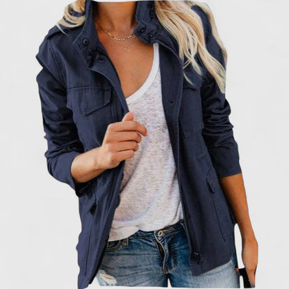 Chaqueta de Utilidad de Algodón sin Esfuerzo para Mujeres con Cuello a Presión, Manga Larga, Bolsillo Cargo, Estilo Casual