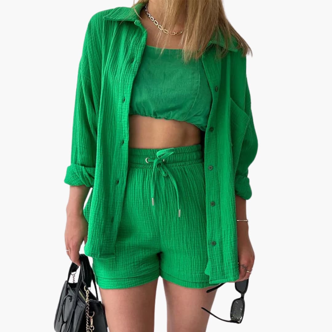 Conjunto de Dos Piezas de Algodón Arrugado Sin Esfuerzo para Mujeres con Pantalones Cortos con Cintura Ajustable y Estilo Relajado