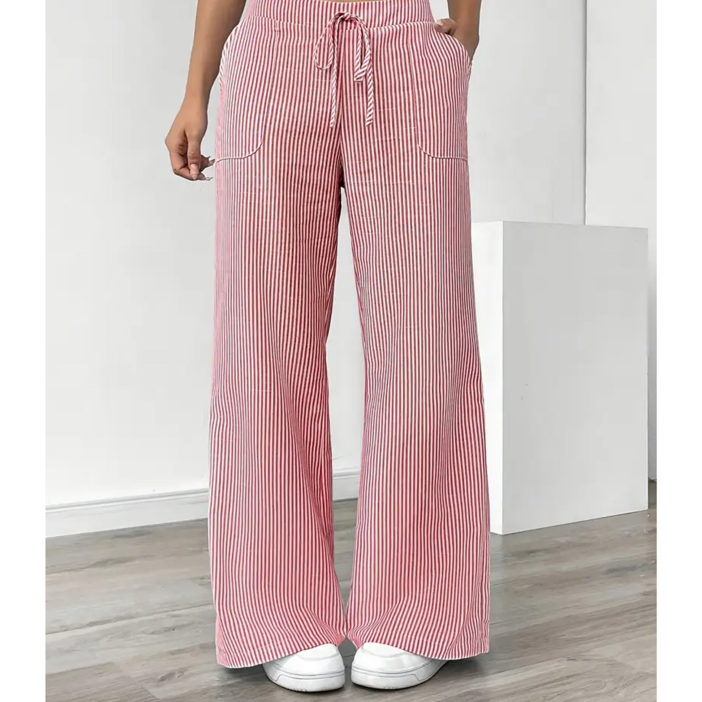 Pantalones Anchos a Rayas para Mujeres con Cintura Alta y Cuerda, Estilo Casual Relajado