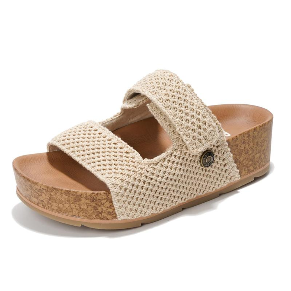 Sandalias Deslizantes Cómodas para Mujeres con Plataforma de Corcho de Doble Correa Tejida y Punta Abierta