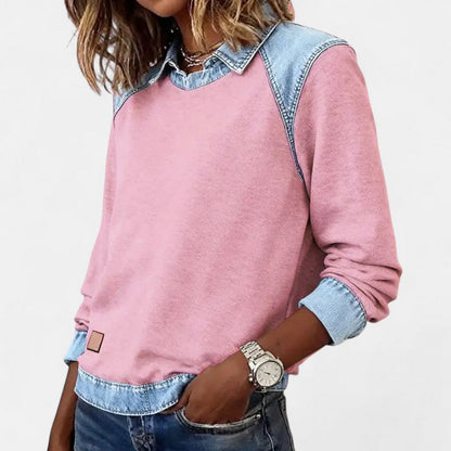 Sudadera de Denim Cómoda con Cuello en Capas para Mujeres, Manga Larga, Estilo Casual a Rayas