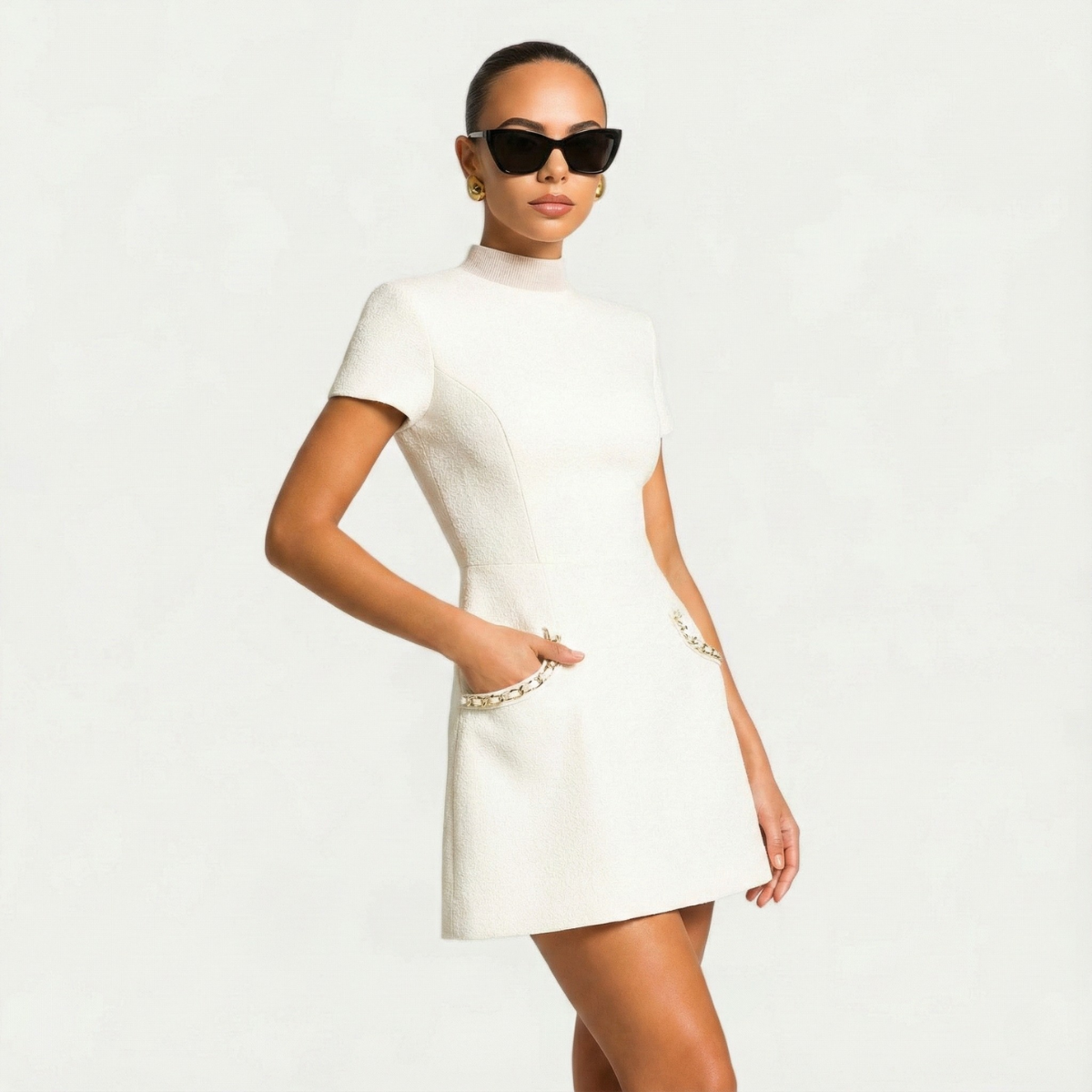 Vestido Mini de Tweed Elegante para Mujeres con Cuello Embellecido con Perlas y Mangas Cortas Estilo Bodycon para Cócteles