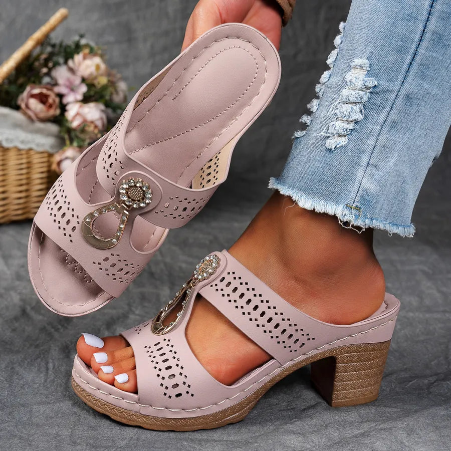 Mules cómodos con tacón para mujeres con detalle de anillo de metal, tacón bloque, estilo abierto y fácil de poner