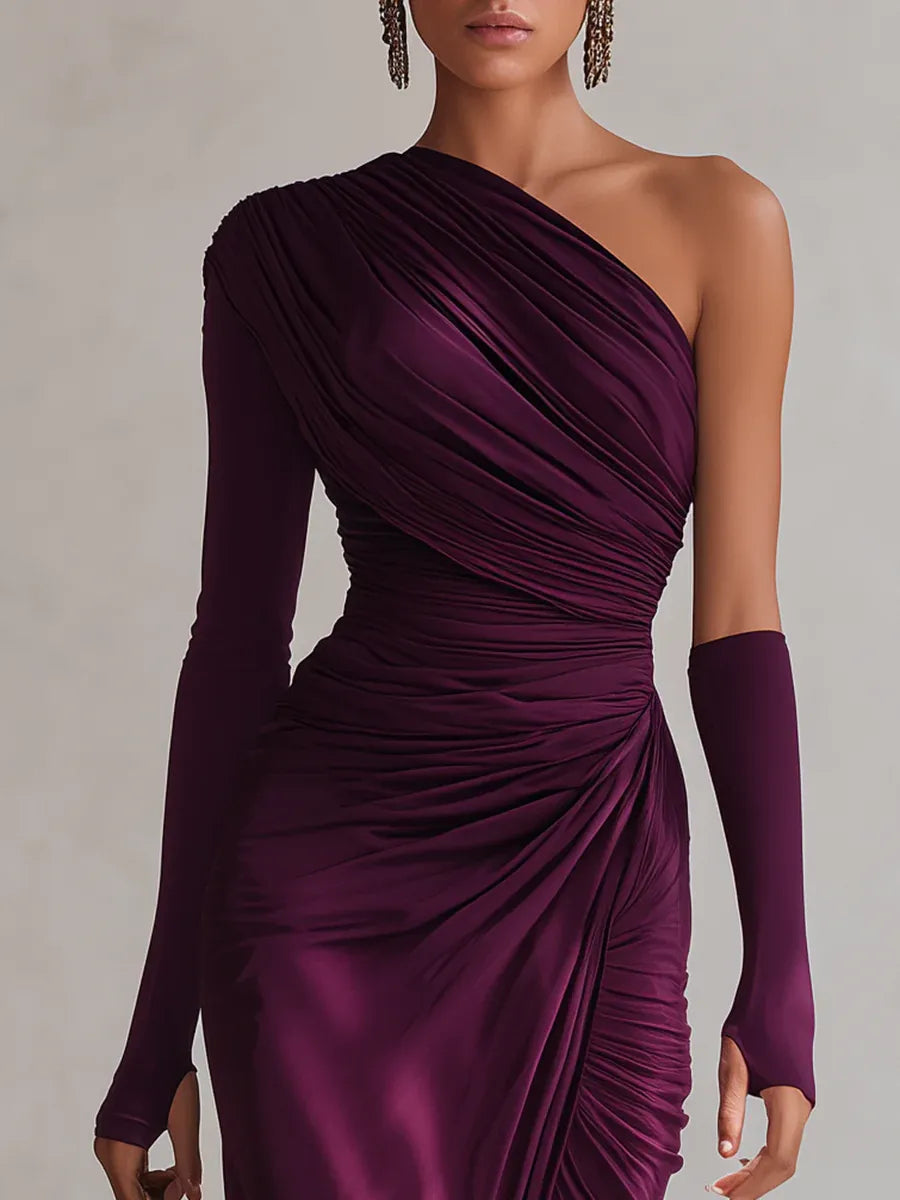 Elegante Vestido Maxi de Satén Púrpura para Mujeres con Un Hombro, Manga Larga, Estilo Fruncido y Alto Desgaste