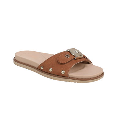 Sandalias Planas Cómodas para Mujeres con Tira Trenzada y Suela de Corcho con Tachuelas Estilo Slide