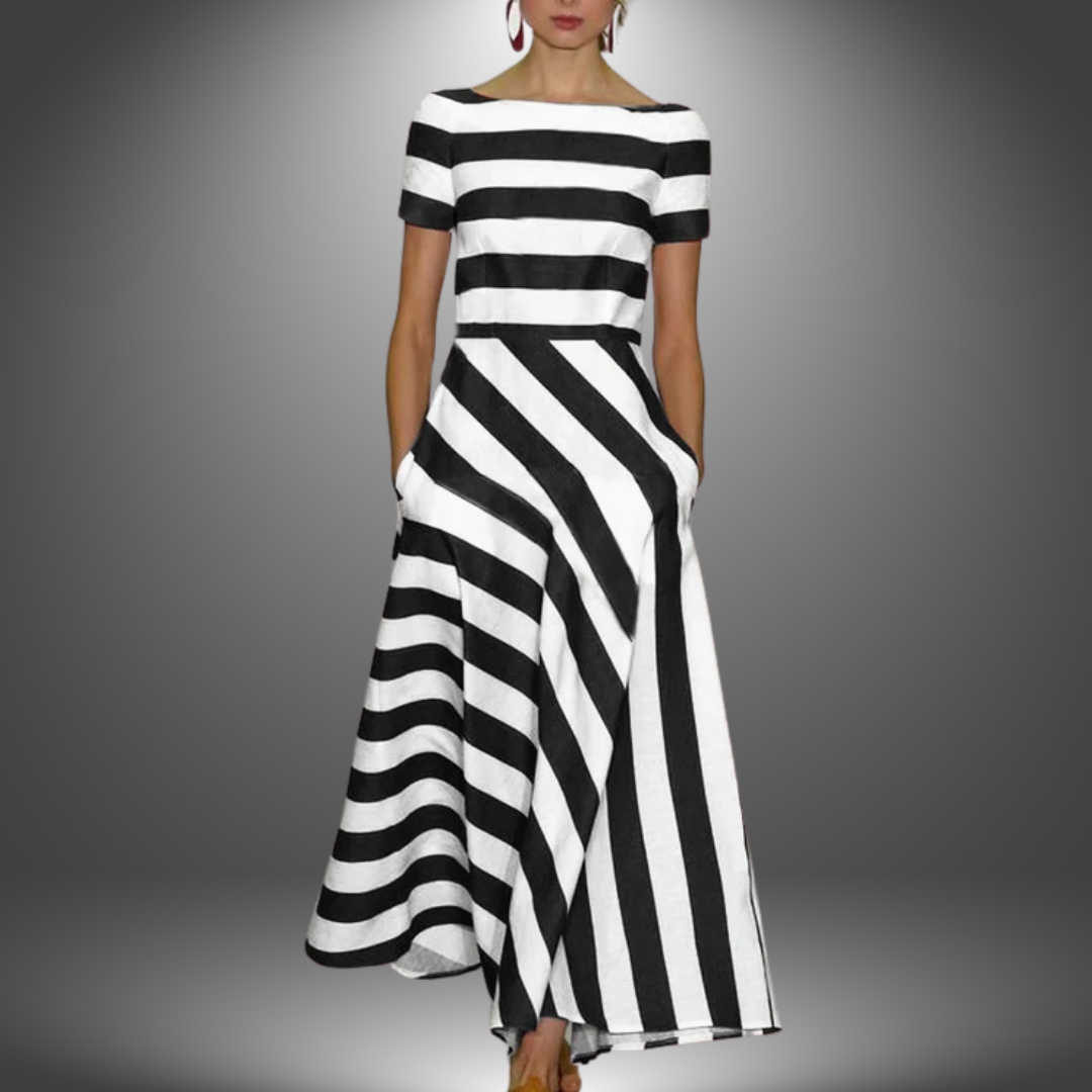 Vestido Maxi Elegante a Rayas para Mujeres con Cuello Barco, Manga Corta y Bajo Asimétrico en Estilo Fluido